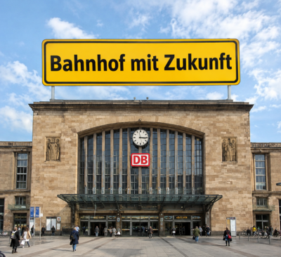 KI-generierte Ansicht des Stuttgarter Bahnhofs mit der Überschrift: Bahnhof mit Zukunft